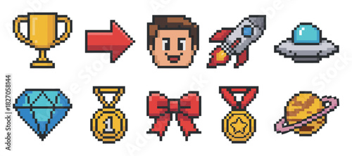 Set of pixel art game elements vector design