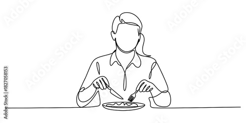 Minimalist continuous line art drawing of a person eating a meal with a knife and fork from a plate, depicting elegant dining experience. Vector, illustration