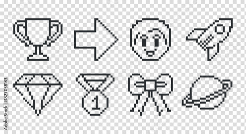 Outlines of pixel art game assets on transparent background