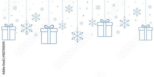 Minimal blue line art Christmas background with hanging gift boxes, snowflakes and stars on white space. Elegant festive holiday banner, perfect for greeting cards, invitations and seasonal promotions