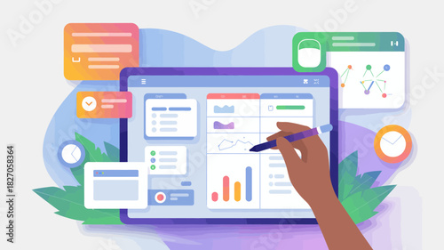 Hand using stylus on digital tablet displaying charts and data analytics with various interface elements