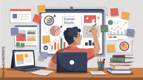 Man planning career goals with charts and graphs on whiteboard and laptop