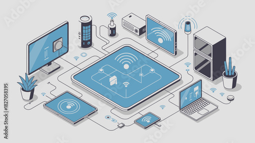 Connected smart home devices and technology network illustration in isometric perspective with wi fi symbols