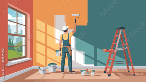 Professional painter in overalls diligently painting a wall with a roller and paint bucket inside a room