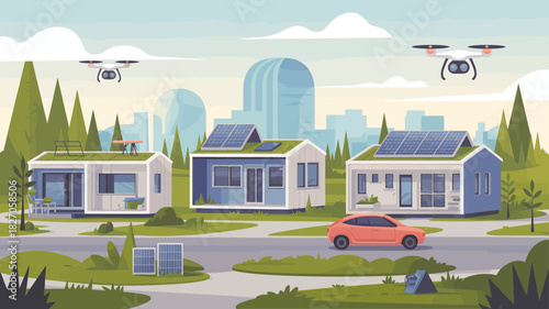 Modern sustainable housing with solar panels drones and electric car in a green neighborhood