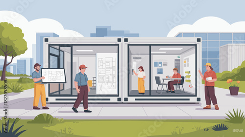 Architects and engineers collaborate on modular building design and construction plans outdoors