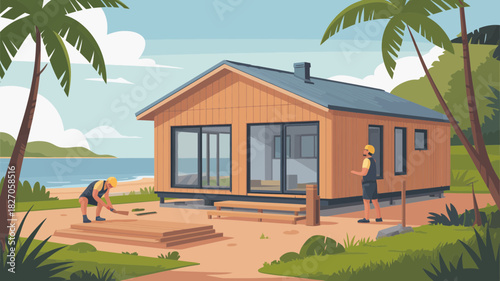 Construction workers build a modern wooden house on a tropical island by the ocean with palm trees