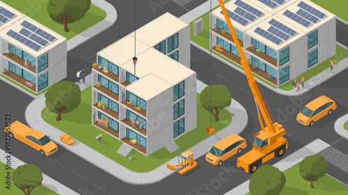 Isometric view of modern apartment buildings under construction with solar panels and construction equipment