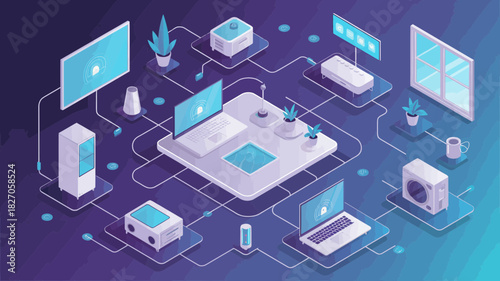 Connected smart home devices and technology network with isometric illustration and futuristic interface elements