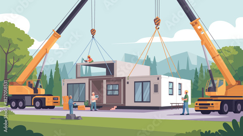 Construction workers and cranes assemble a modular building on a scenic landscape background