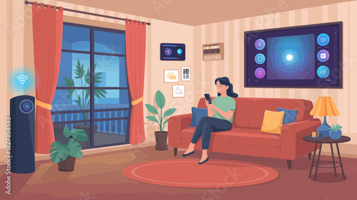 Woman using smartphone to control smart home devices in a modern living room at night
