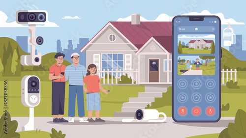 Family monitoring their smart home security system with cameras and smartphone app