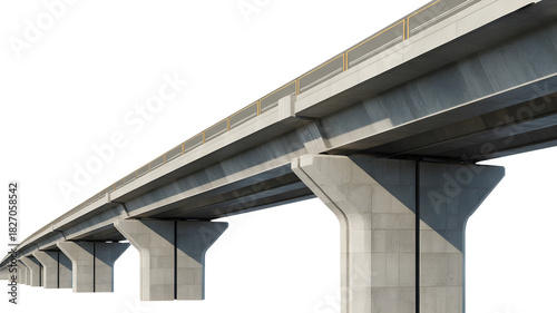 Long perspective of a modern concrete elevated railway or road viaduct on transparent background.