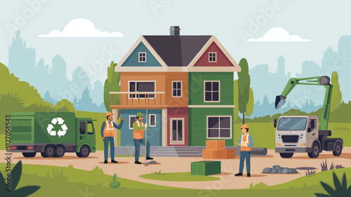 Construction workers and machinery at a residential building site with recycling truck and excavator