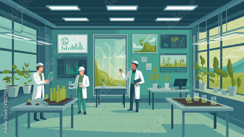 Scientists in a modern laboratory conducting research on plant growth and environmental sustainability with digital displays