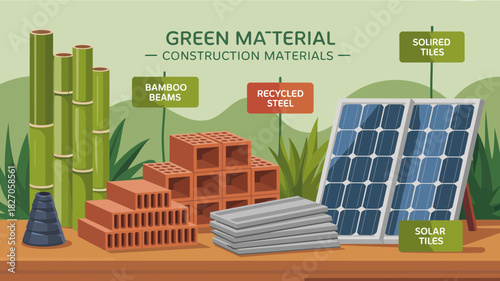 Sustainable construction materials illustration featuring bamboo solar panels recycled steel bricks and tiles