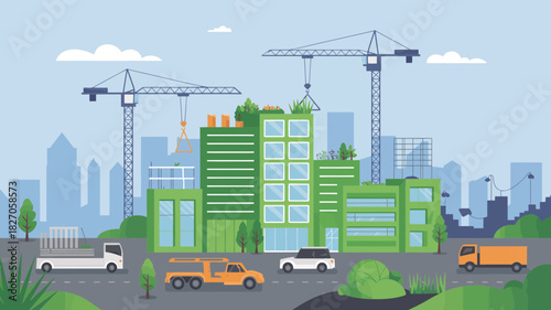 Modern city construction site with green buildings cranes and vehicles under a clear sky