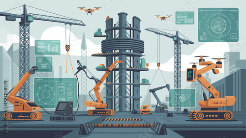 Futuristic construction site utilizing advanced robotics drones and digital interfaces for building innovation