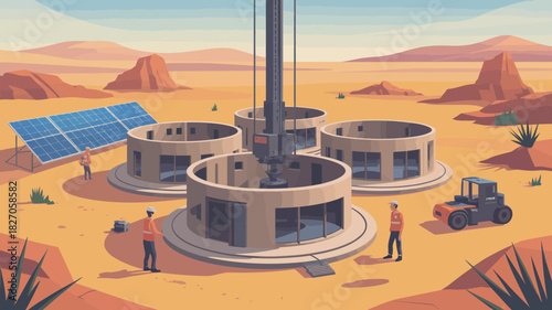 Construction of circular desert buildings powered by solar energy with drilling rig and workers