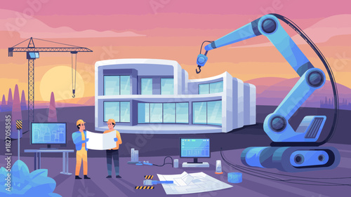 Construction workers reviewing blueprints and plans at a modern building site with crane and excavator