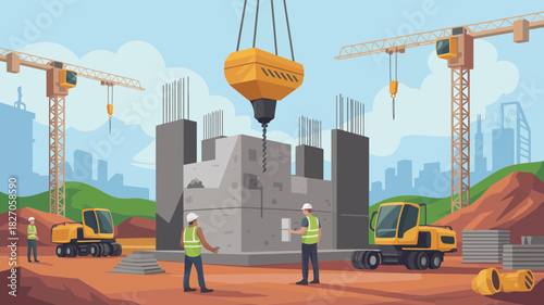 Construction site with cranes workers and heavy machinery building a concrete structure