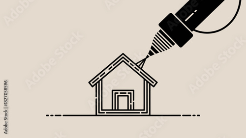 Stylized black pen drawing a simple house outline on a neutral background