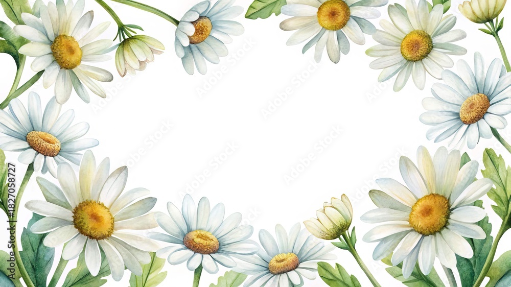 Obraz premium Watercolor Daisy Flower Frame with White Background for Spring or Summer Designs