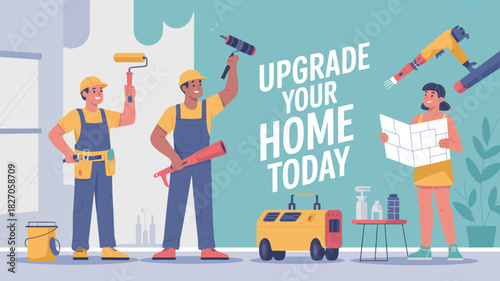 Skilled construction workers and homeowner collaborate on home improvement project with tools and blueprints