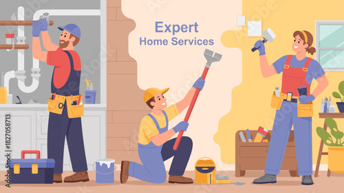 Skilled home service professionals working together to complete various home improvement tasks and repairs