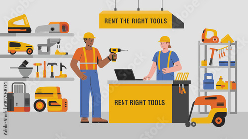 Two workers in a tool rental shop with a variety of tools on shelves and a sign saying rent the right tools