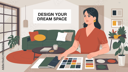 Woman interior designer planning dream home space with color palettes and swatches on desk