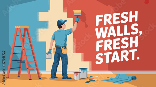 Man painting wall with brush and paint cans ladder and drop cloth fresh walls fresh start message