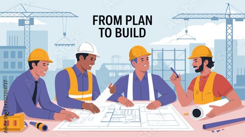 Diverse construction team collaborates on blueprints at a table with cranes in the background