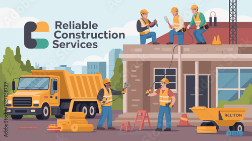 Construction workers building a house with heavy machinery and tools on a sunny day