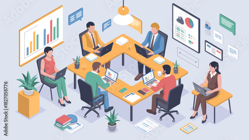 Diverse business professionals collaborating around a modern conference table with laptops and charts