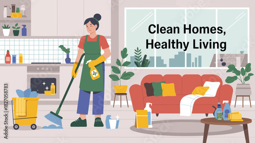 Woman cleaning living room with broom and spray bottle for a healthy home environment