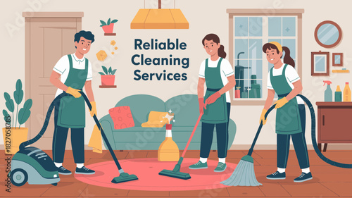 Professional cleaning team working together to provide reliable home cleaning services with vacuum and mop