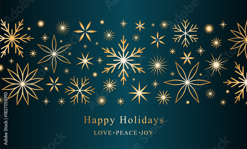 Winter geometric snowflake banner design. Gold ornate line art composition. EPS 10 vector background