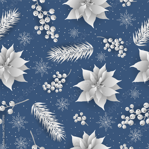 Christmas botanical seamless pattern with fir branches, mistletoe, poinsettia.