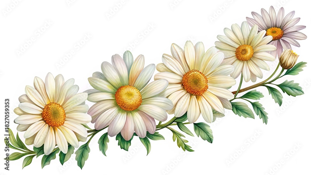 Fototapeta premium A Beautiful Bouquet of Daisies with Green Leaves on a White Background