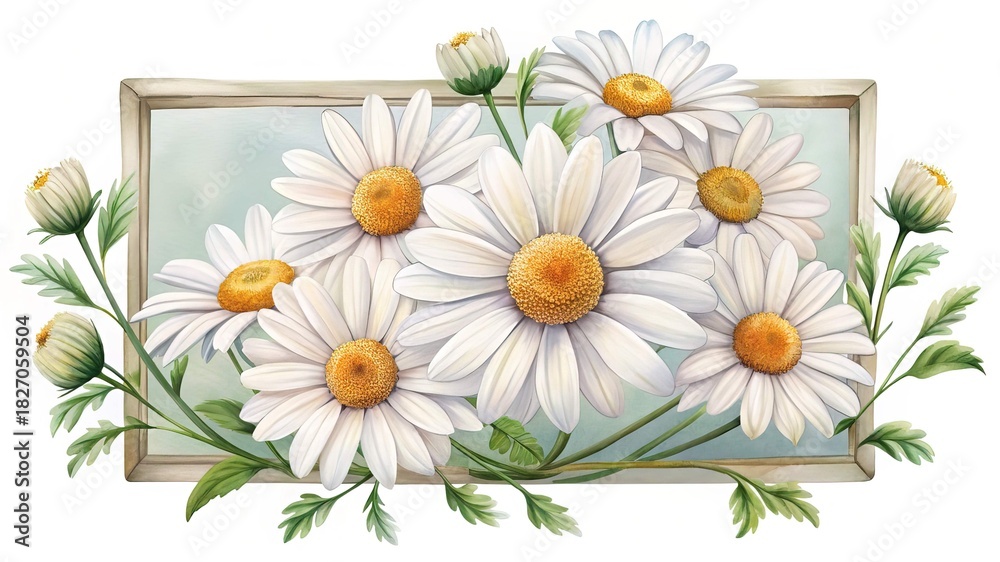 Obraz premium Watercolor painting of daisy flowers in a picture frame arrangement artwork