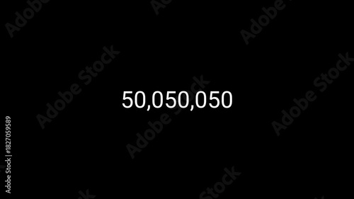 Number counter animation from 0 to100000000 in 4k for likes and views, animated counting numbers from zero to hundred million on transparent background.