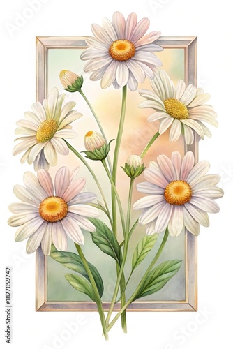 Elegant Watercolor Painting of Daisies Framed Against a Soft Pastel Background