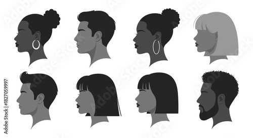 A monochrome vector set showcasing a diverse collection of human profiles, featuring men and women with various hairstyles and ethnic backgrounds