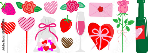 valentine's day love celebration romance objects collection vector set design elements hearts roses strawberries champagne gifts candies