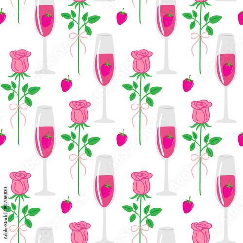 seamless bubbly champagne glasses with strawberry and pink roses festive girly celebration pattern cute romantic wallpaper textile print decoration background