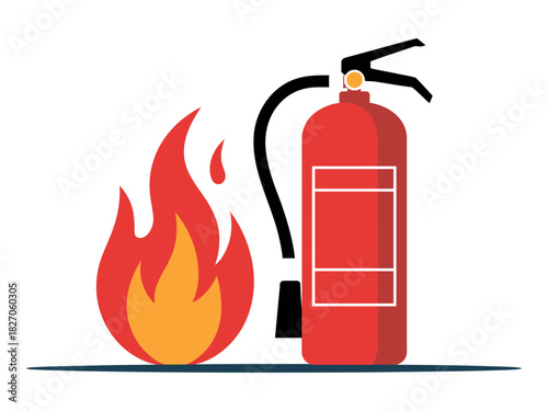 A fire extinguisher stands ready next to a bright orange flame.