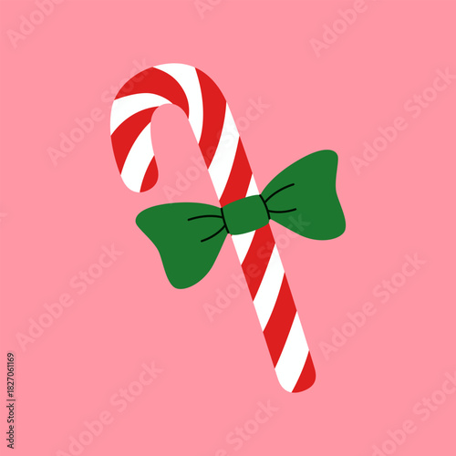 Vector illustration design of a Christmas candy cane with a green bow.