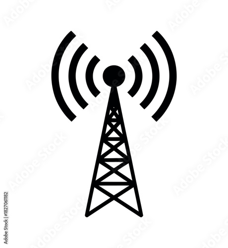 A simple black and white illustration of a radio tower emitting signals.