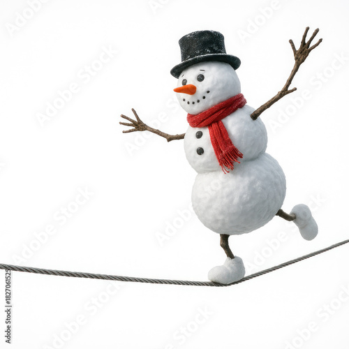 A cheerful snowman balances on a rope in winter. Space for text.